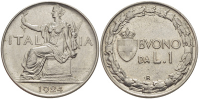 ИТАЛИЯ 1 ЛИРА 1924 R, ВИКТОР ИМАНУИЛ III, РУБЧАТЫЙ ГУРТ KM 62 никель 82-1141