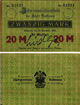 РАТЕНОВ 20 МАРОК 1918 НОТГЕЛЬД, 12 НОЯБРЯ 1918, ЗЕМЛЯ БРАНДЕНБУРГ, ОДНА РУКОПИСНАЯ ПОДПИСЬ Geiger 437.02с бумага 6300-35-3-1