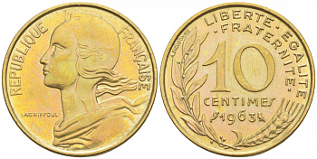 ФРАНЦИЯ 10 САНТИМОВ 1963 ТИП MARIANE KM 929, LE FRANC 144.3 алюминиевая бронза 44-956
