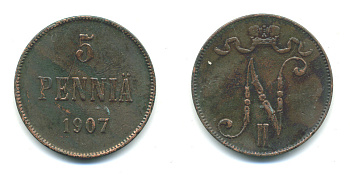 Россия для Финляндии 5 пенни 1907 Николай II (1894-1917) KM 15, Биткин 448 медь 4381-427