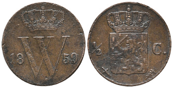 НИДЕРЛАНДЫ 1/2 ЦЕНТА 1859 ВИЛЬЯМ III (1849-1890) KM 90 медь 100-843