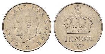 Норвегия 1 крона 1990 Улаф V (1957-1991) KM 419 медно-никель 190-943