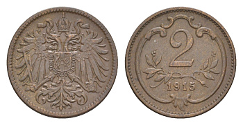 Австрия 2 геллера 1915 Франц Иосиф I (1848-1916) KM 2801 бронза 4639-1031