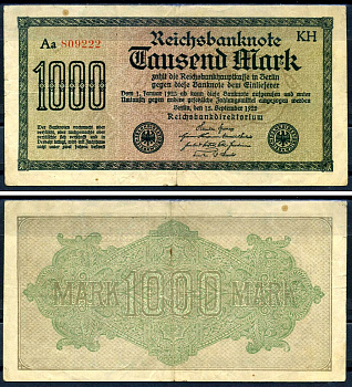 Германия 1000 марок 1922 выпуск 15 сентября 1922, водяной знак H, белая бумага, серия KH, буква Aa Pick 76 f (1) бумага 8592-54-3-2