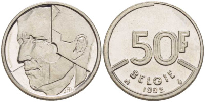 БЕЛЬГИЯ 50 ФРАНКОВ 1992 BELGIE, БОДУЭН I (1951-1993) KM 169 никель 4388-541
