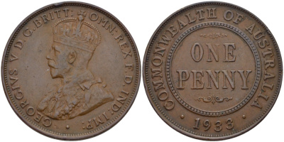 АВСТРАЛИЯ 1 ПЕННИ 1933 ГЕОРГ V (1910-1936) KM 23 бронза 82-733