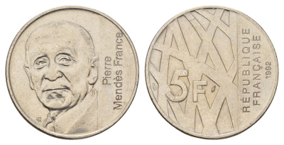Франция 5 франков 1992 10 лет со дня смерти Пьера Мендеса-Франса KM 1006 никель 4675-244