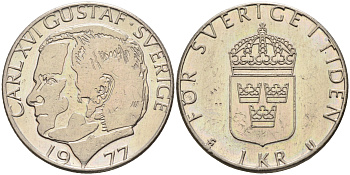 Швеция 1 крона 1977 U, Карл XVI Густав (1973- ) КМ 852 медь плакированная медно-никелем 4177-152