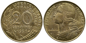 ФРАНЦИЯ 20 САНТИМОВ 1996 KM 930 медь алюминий никель 51-4242