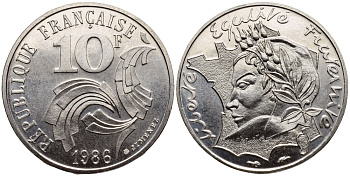 ФРАНЦИЯ 10 ФРАНКОВ 1986 РЕСПУБЛИКА KM 959 никель 4393-1155