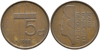 НИДЕРЛАНДЫ 5 ЦЕНТОВ 1988 БЕАТРИКС KM 202 бронза 65-1247