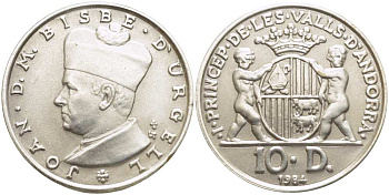 Андорра 10 динеров 1984 Жоан Марти-и-Аланис. Епископ Уржеля, тираж 7500 экз. KM 17 серебро UNC 1525-943