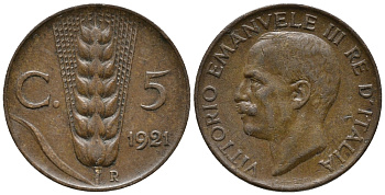 ИТАЛИЯ 5 ЧЕНТЕЗИМО 1921 R, ВИКТОР ИМАНУИЛ III. КОЛОС KM 59 медь 66-124