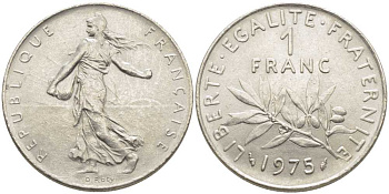 ФРАНЦИЯ 1 ФРАНК 1975 СЕЯТЕЛЬ KM 925.1, LE FRANC 226.20 никель 175-534
