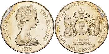 Тристан-да-Кунья 1 крона 1978 25 ЛЕТ КОРОНАЦИИ Елизаветы II KM 2 медно-никель UNC 4527-1131