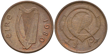 Ирландия 1/2 пенни 1980 мифологическая птица лира KM 19 бронза 4596-1054