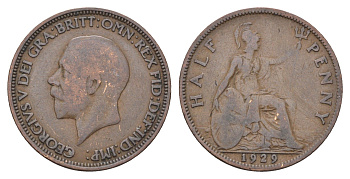 Великобритания 1/2 пенни 1929 Георг V (1910-1936) KM 837, Spink 4058 бронза    4660-551