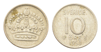 Швеция 10 эре 1958 TS Густав VI Адольф (1950-1973) KM 823 серебро 4705-922