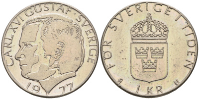 Швеция 1 крона 1977 U, Карл XVI Густав (1973- ) КМ 852 медь плакированная медно-никелем 4177-152