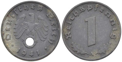 ГЕРМАНИЯ 1 РЕЙХСПФЕННИНГ 1941 A KM 97, J.369 цинк 201-961