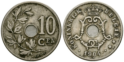 Бельгия 10 сантимов 1904 Belgie KM 53 медно-никель 4172-1137