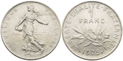 ФРАНЦИЯ 1 ФРАНК 1975 СЕЯТЕЛЬ KM 925.1, LE FRANC 226.20 никель 175-534