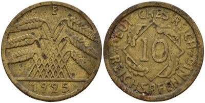 Германия 10 рейхспфеннигов 1925 E J. 317, KM 40 алюминиевая бронза    4603-812
