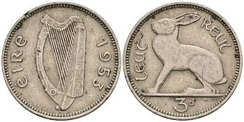 Ирландия 3 пенса 1953 заяц KM 12a медно-никель 4596-1064