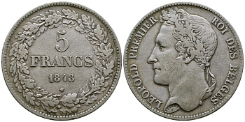 Бельгия 5 франков 1848 Леопольд I (1831-1865), в венке KM 3.2 серебро 74-835