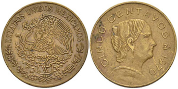 Мексика 5 сентаво 1970 Жозефа Ортис де Домингес KM 427 латунь 105-865