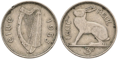 Ирландия 3 пенса 1953 заяц KM 12a медно-никель 4596-1064