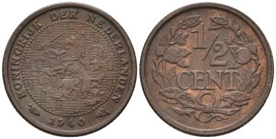 Нидерланды 1/2 цента 1940 Вильгельмина (1890-1948) KM 138 бронза 4588-1045