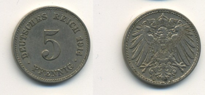 ГЕРМАНИЯ 5 ПФЕННИГОВ 1914 J, KM 11, J. 12 медно-никель 54-654