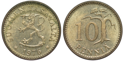 ФИНЛЯНДИЯ 10 ПЕННИ 1976 K KM 46 алюминиевая бронза 3334-1133