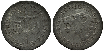 ГЕРМАНИЯ 50 ПФЕННИГОВ 1917 КРИГСГЕЛЬД, ГОРОД ЗОЛИНГЕН, ГОЛОВА ЛЬВА 1529-341