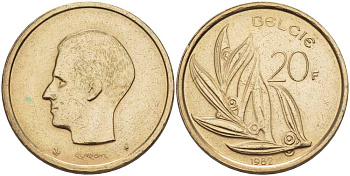 БЕЛЬГИЯ 20 ФРАНКОВ 1982 BELGIE, БОДУЭН I (1951-1993) KM 160 никель бронза 213-451