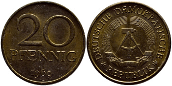 ГДР 20 пфеннигов 1969 А, первый год KM 11 латунь UNC 4398-735