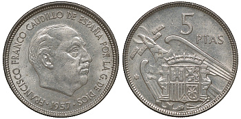 Испания 5 песет 1957 (59) Франциско Франко KM 786 медно-никель 4163-426