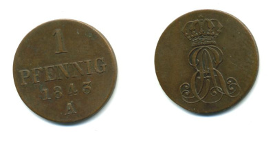 Ганновер 1 пфенниг 1843 A, Эрнст Август (1837-1851) KM 173.1, AKS 126, J. 54 медь 35-169