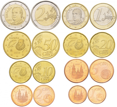 Испания евронабор из 8 монет 2013 1, 2, 5, 10, 20, 50 евроцентов, 1 и 2 евро KM 1040, 1041, 1042, 1070, 1071, 1072, 1073, 1074 4685-341-347
