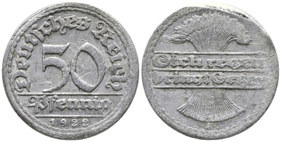 ГЕРМАНИЯ 50 ПФЕННИГОВ 1922 A KM 27, J. 301 алюминий 24-1044
