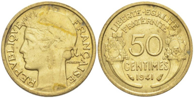 ФРАНЦИЯ 50 САНТИМОВ 1941 ТИП MORLON KM 894.1, LE FRANC 192.18 алюминиевая бронза 44-459