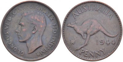 АВСТРАЛИЯ 1 ПЕННИ 1944 p, ГЕОРГ VI (1936-1952), КЕНГУРУ KM 36 бронза 4403-931