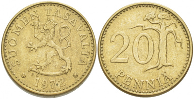 Финляндия 20 пенни 1972 S KM 47 алюминиевая бронза 3718-1233