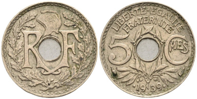 Франция 5 сантимов 1939 (.1939.), тип Линдауэр KM 875а, Le Franc 123.5 никель-бронза 4585-234