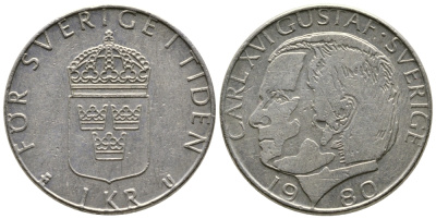 Швеция 1 крона 1980 Карл XVI Густав (1973- ) KM 852 медь плакированная медно-никелем 91-233