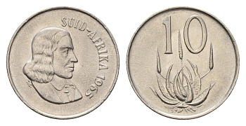 ЮАР 10 центов 1965 Ян ван Рибек (1619-1677), Suid Africa, легенда на африкаанс, цветок алоэ KM 68.2 никель UNC 4679-151