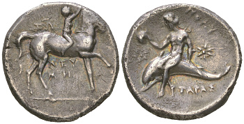 Калабрия, Тарент номос 280-272 гг. до н.э. обнаженный юноша верхом на лошади/Тарас на дельфине, 6,48 гр HN Italy 1006 серебро 10-020-70