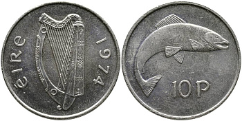 ИРЛАНДИЯ 10 ПЕНСОВ 1974 ЛОСОСЬ KM 23 медно-никель 4531-733