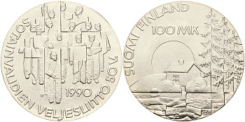 Финляндия 100 марок 1990 50 лет ассоциации ветеранов войны KM 67 серебро UNC 1066-4-31
